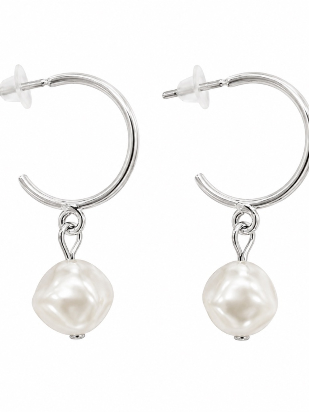 Silver-Tone Pearl Drop Hoop Earrings